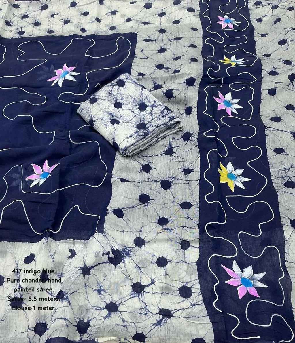 Hand Painted Pure Chanderi Cotton Saree with Batik Prints