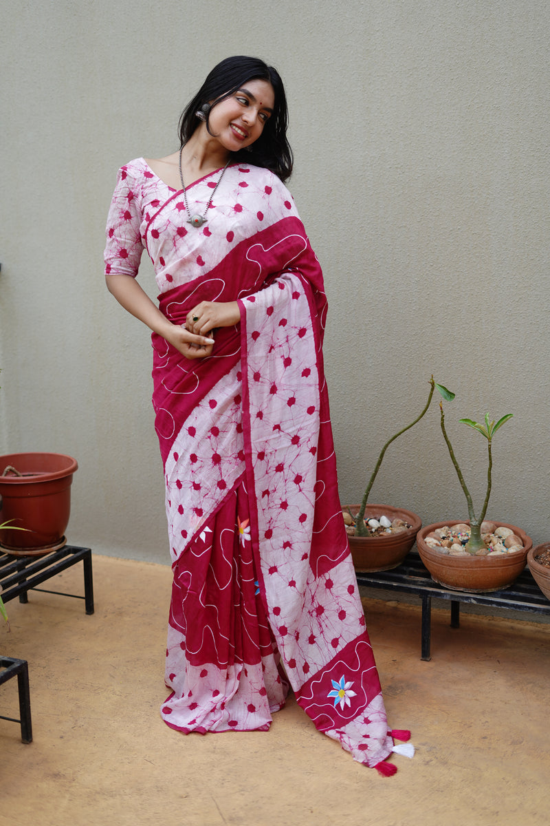 Hand Painted Pure Chanderi Cotton Saree with Batik Prints