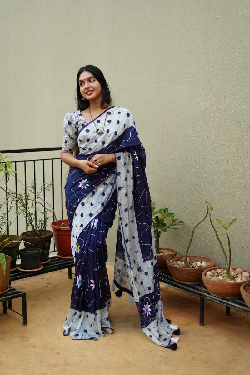 Hand Painted Pure Chanderi Cotton Saree with Batik Prints
