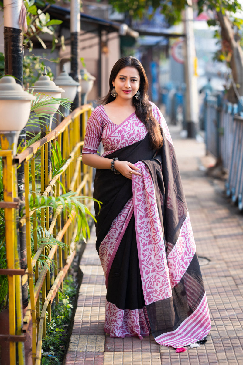 Fancy Pure Bagru Gala print Saree.