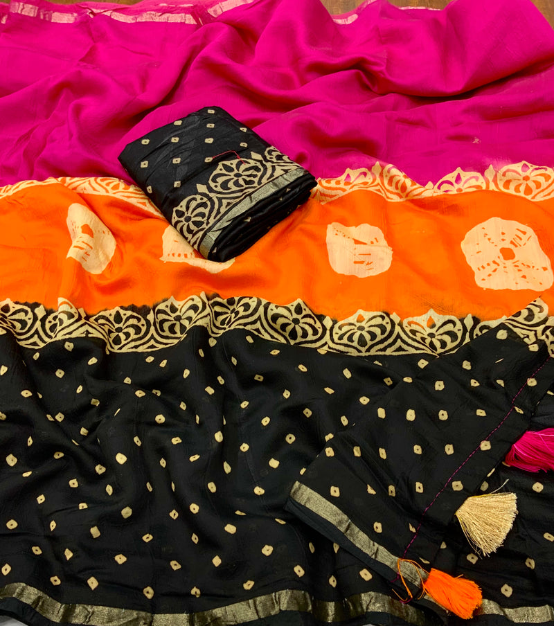 Magic Rangoli Chanderi Cotton Saree with Zari Pattu Border & Bandhani Prints