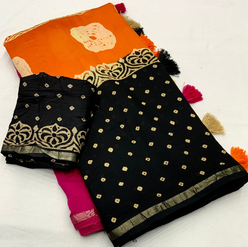 Magic Rangoli Chanderi Cotton Saree with Zari Pattu Border & Bandhani Prints
