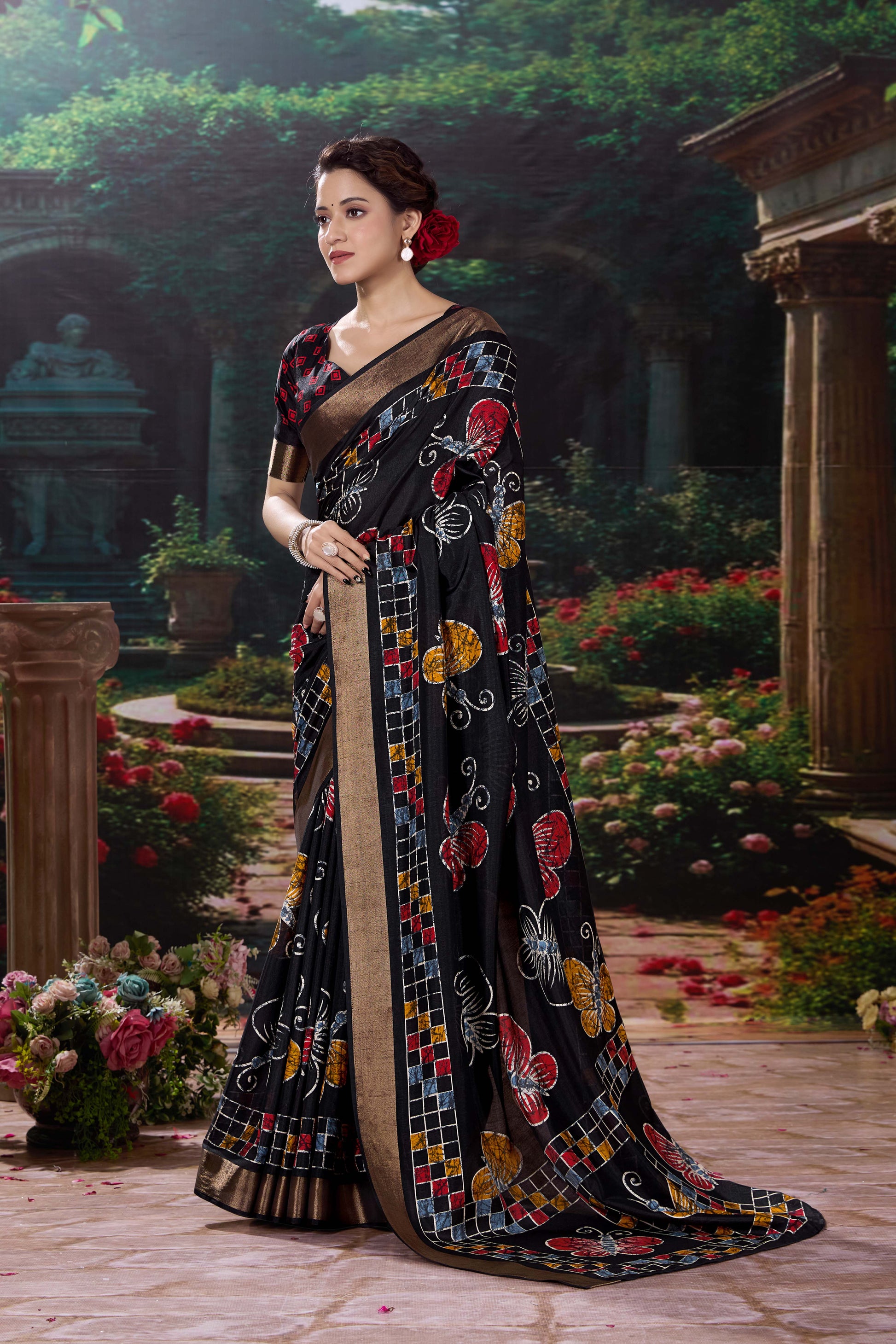 Bagru Batik Soft Cotton Crape Saree with Zari Border