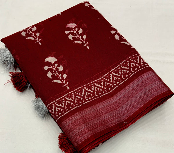 Soft Linen Saree with Zari Pattu Border & Batik Prints.