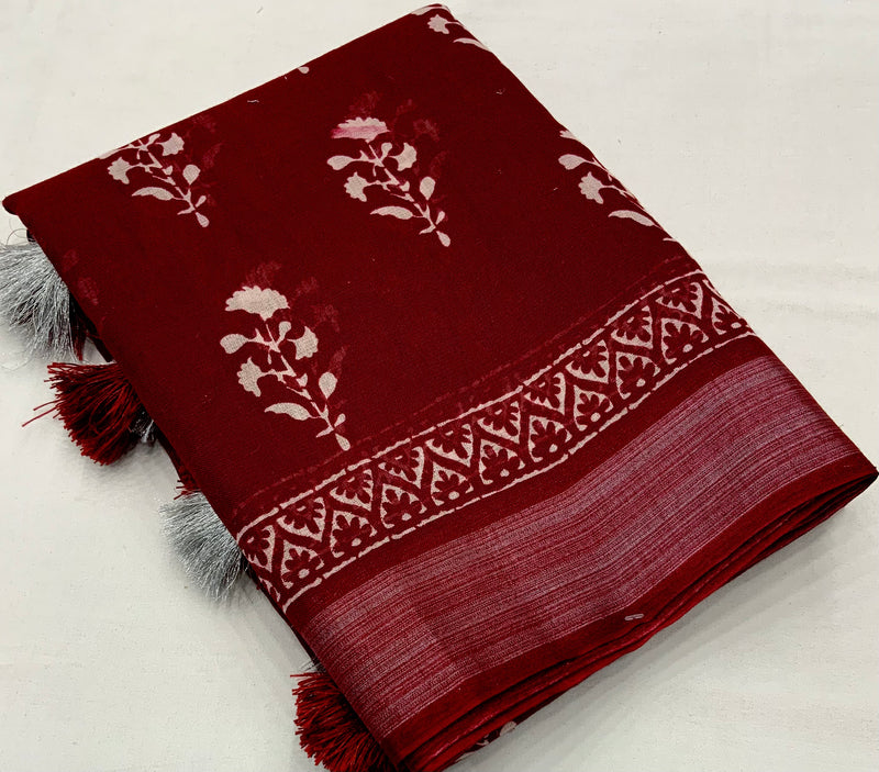 Soft Linen Saree with Zari Pattu Border & Batik Prints.