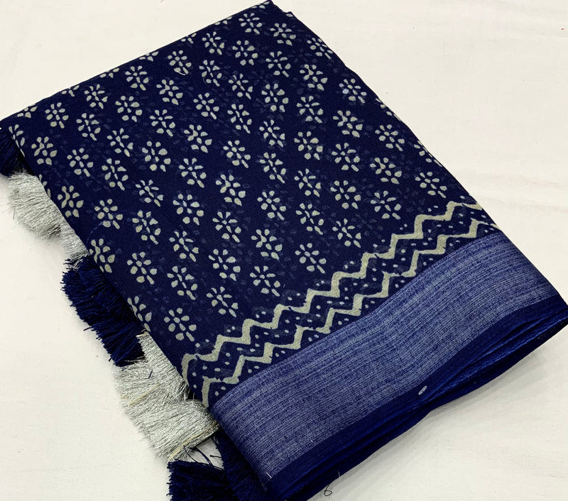 Soft Linen Saree with Zari Pattu Border & Batik Prints.