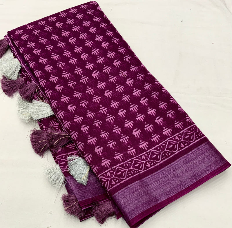 Soft Linen Saree with Zari Pattu Border & Batik Prints.