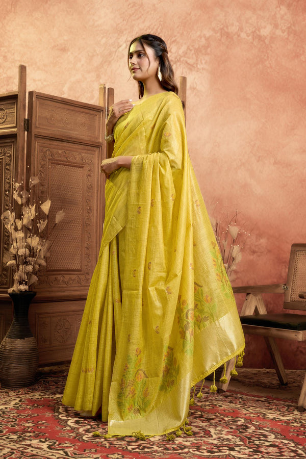 Pure Cotton Jamdani Saree with Zari Pallu Border & Matching Floral Weave Blouse