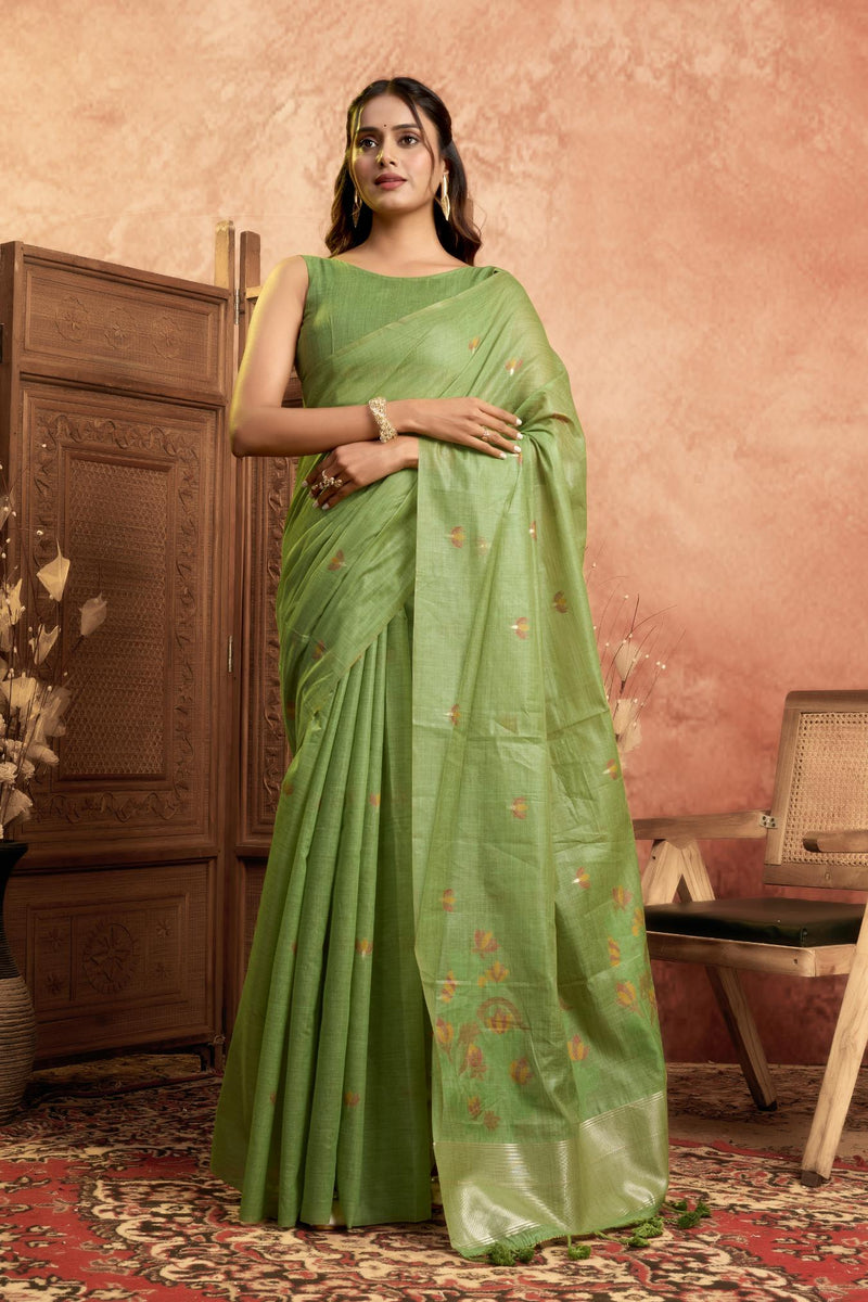 Pure Cotton Jamdani Saree with Zari Pallu Border & Matching Floral Weave Blouse
