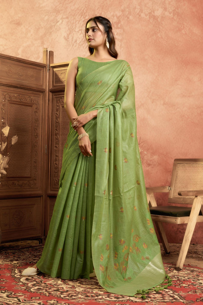 Pure Cotton Jamdani Saree with Zari Pallu Border & Matching Floral Weave Blouse