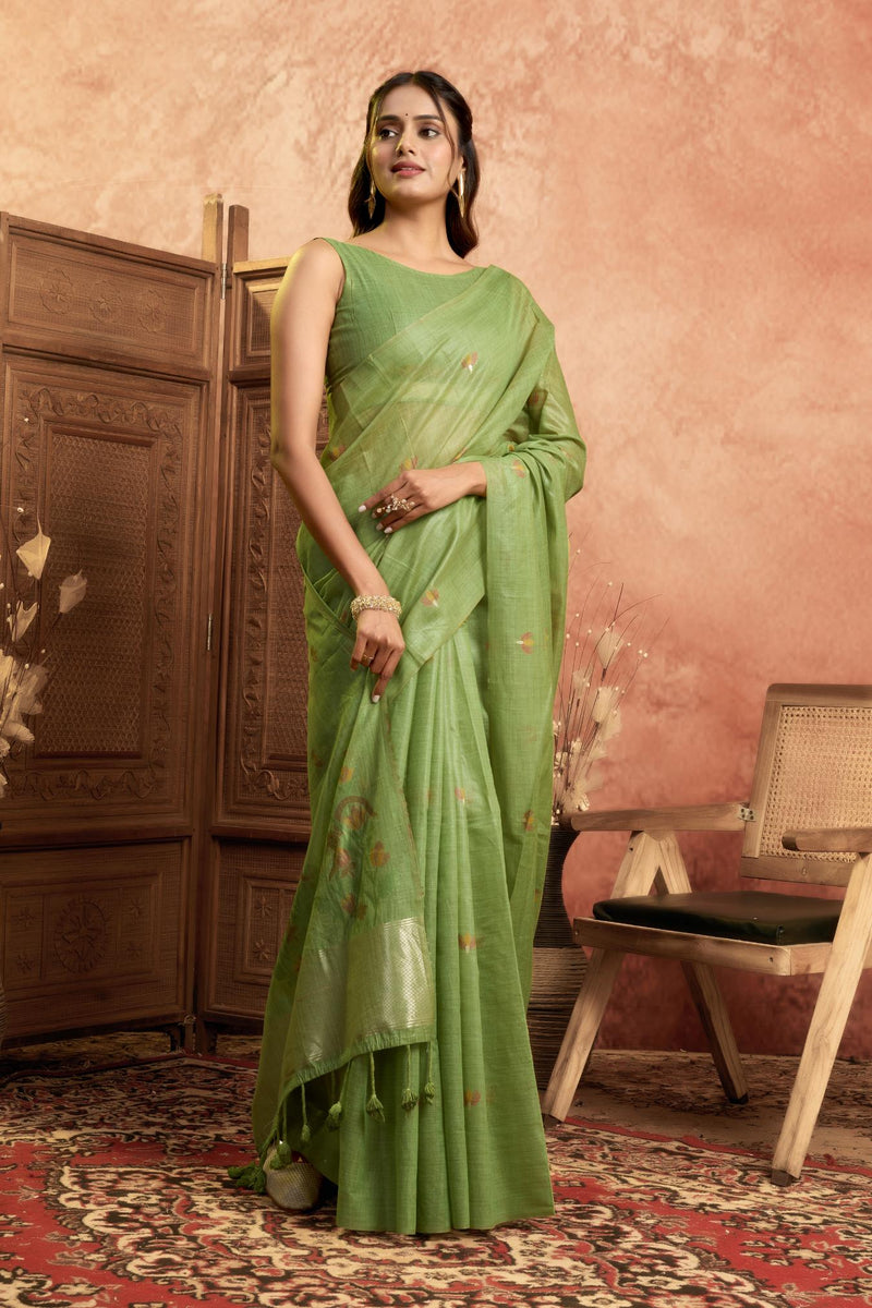 Pure Cotton Jamdani Saree with Zari Pallu Border & Matching Floral Weave Blouse