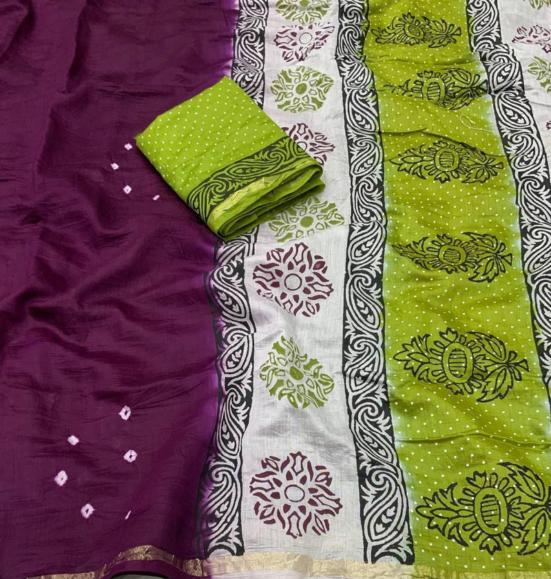 Handcrafted Bandhani Saree with Artistic Block Prints