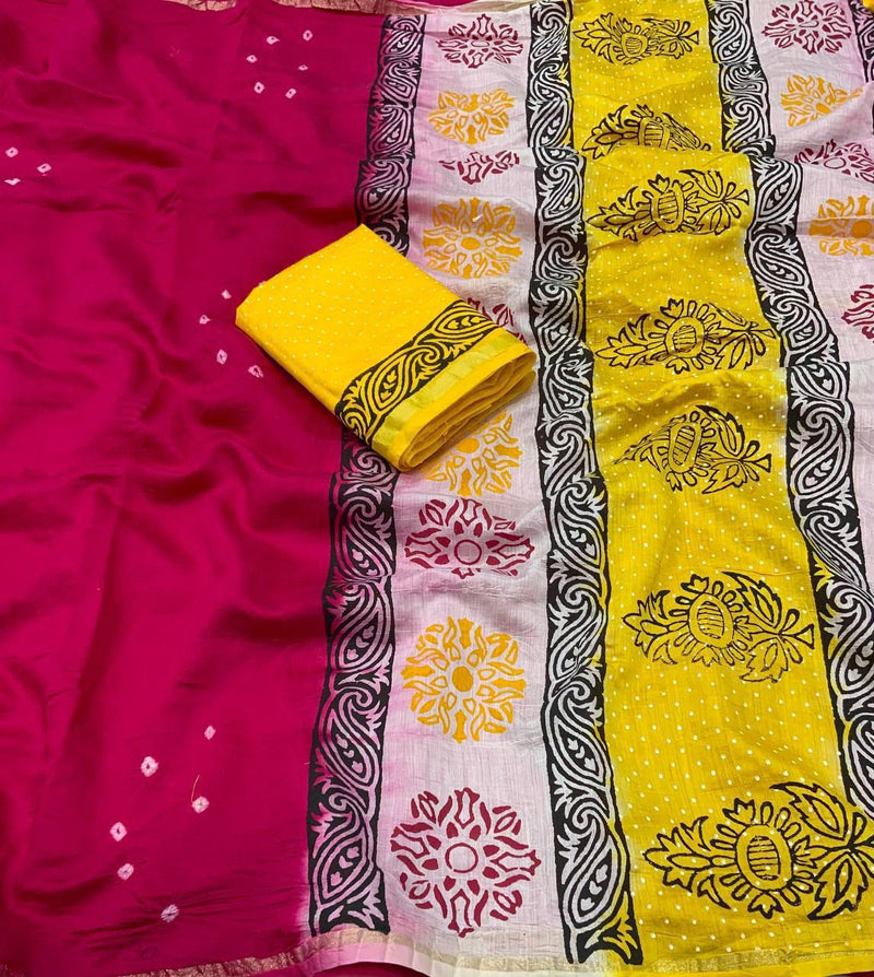 Handcrafted Bandhani Saree with Artistic Block Prints