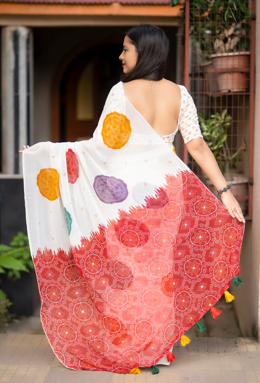 Off-White Bandhani Georgette Saree with Aari Mirror & Jhumka Pallu