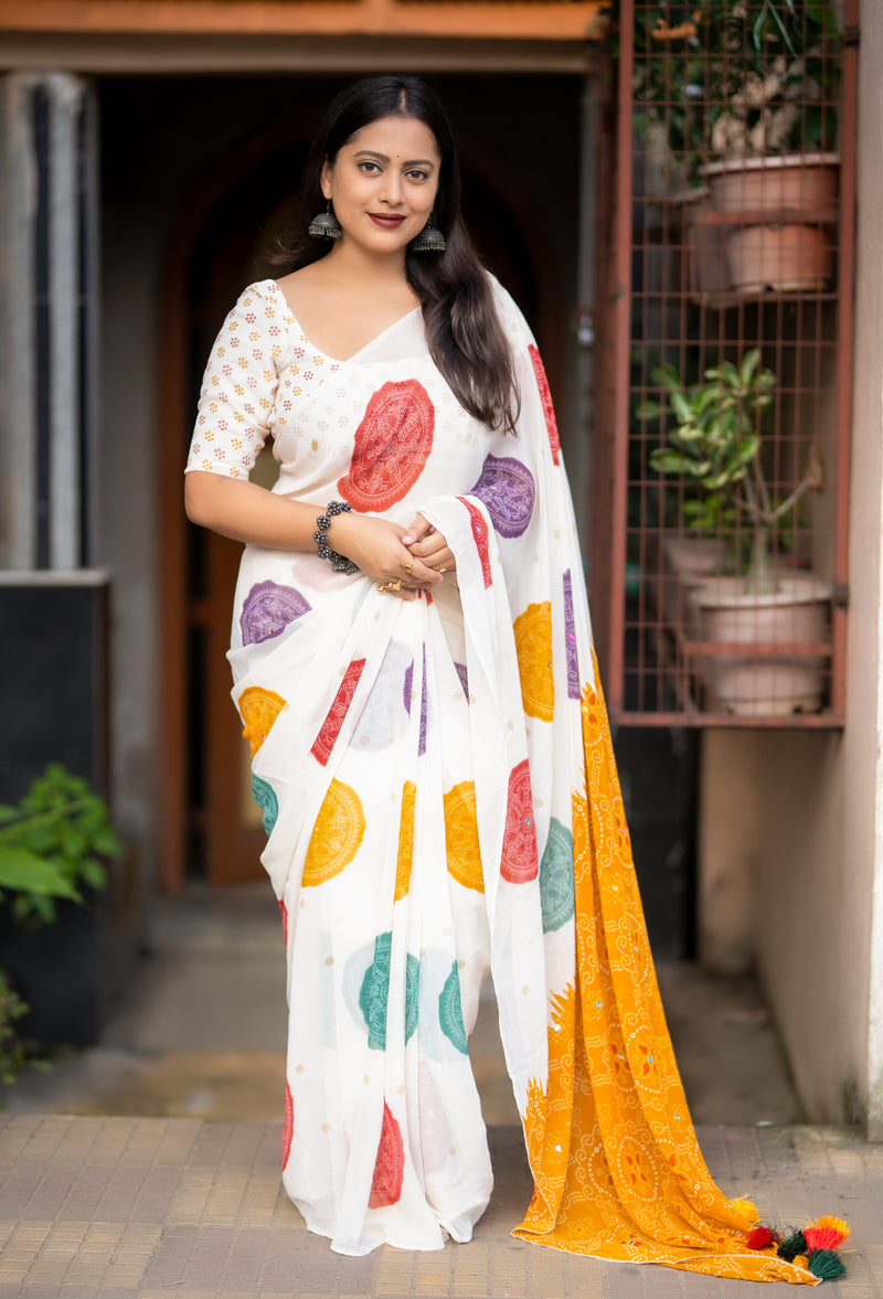 Off-White Bandhani Georgette Saree with Aari Mirror & Jhumka Pallu