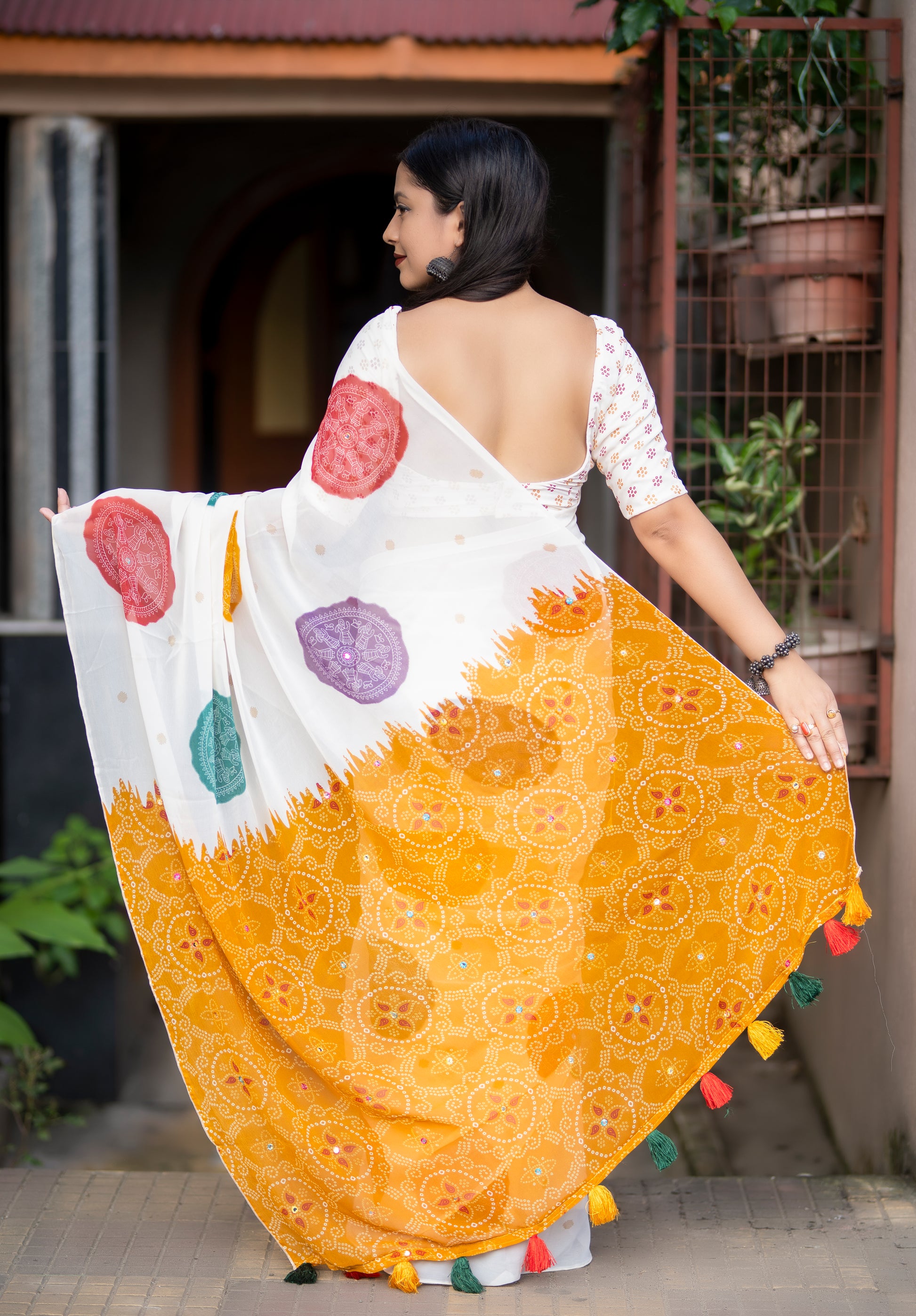 Off-White Bandhani Georgette Saree with Aari Mirror & Jhumka Pallu