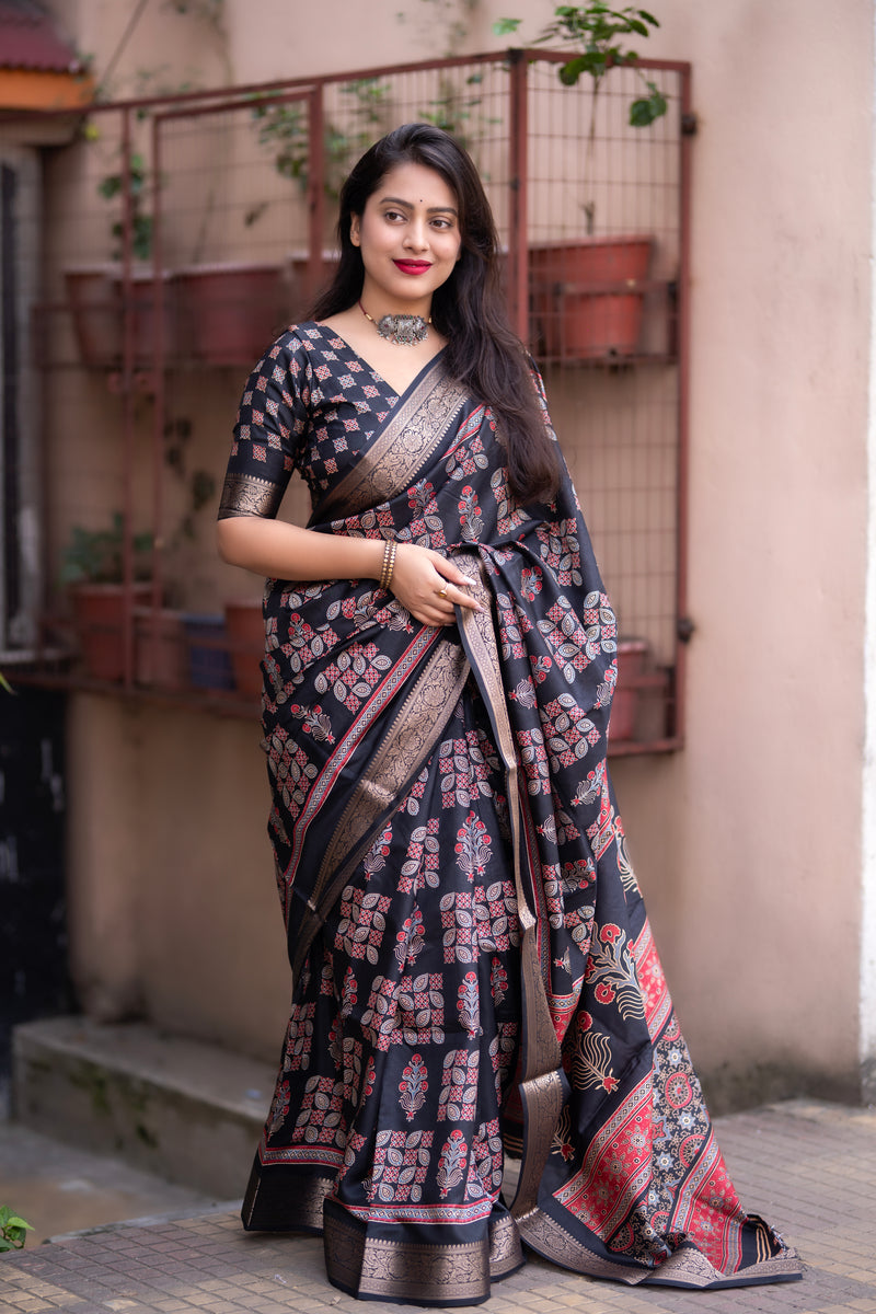 Ajrakh Style Soft Cotton Silk Saree