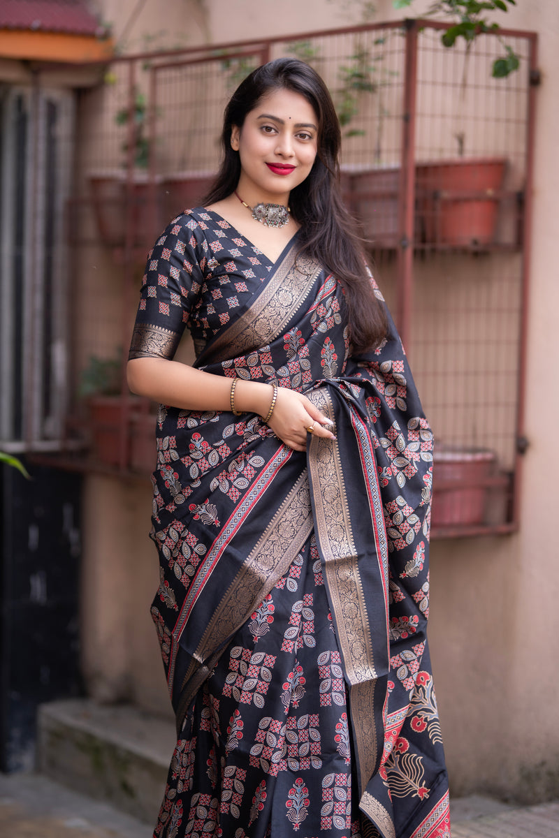 Ajrakh Style Soft Cotton Silk Saree