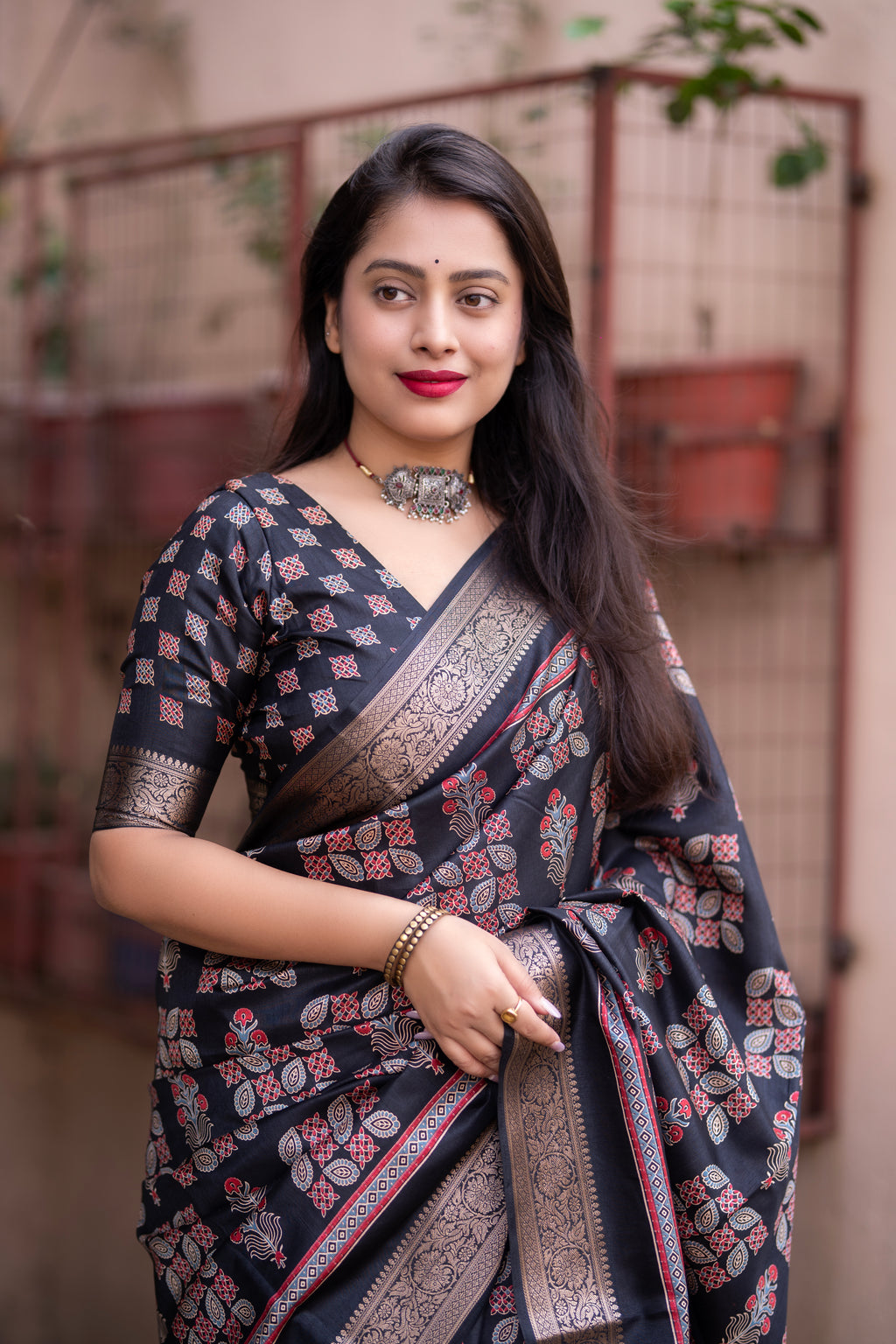 Ajrakh Style Soft Cotton Silk Saree