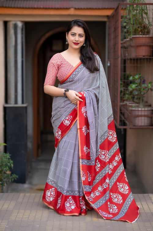 Ajrakh Cotton Saree with Mirror Work