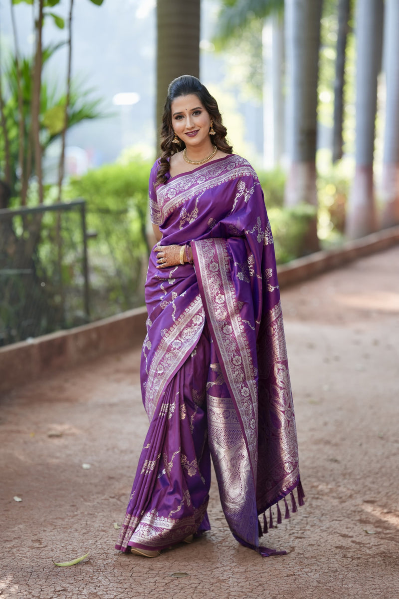 Banarasi Soft Silk Saree with Intricate Silver Zari Jaal & Regal Pallu