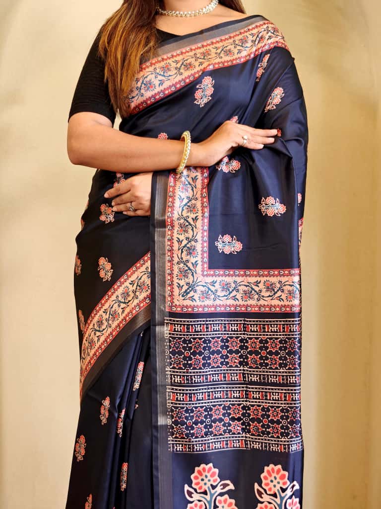 Swaraali Pure Dola Viscose Saree with Digital Print & Zari Patta Border