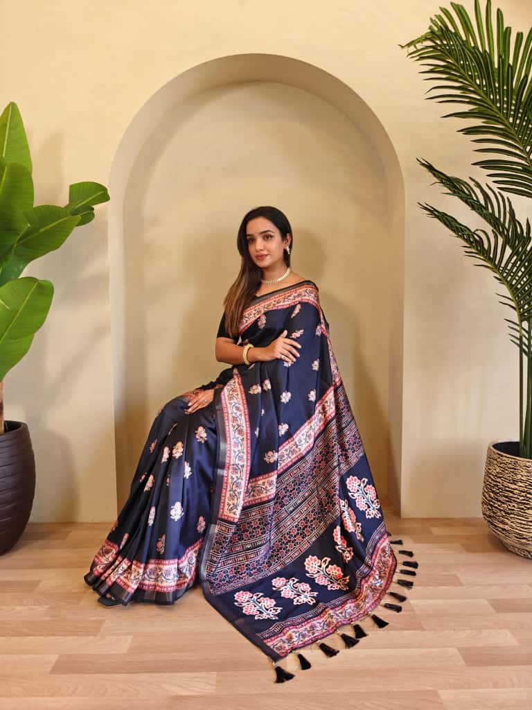 Swaraali Pure Dola Viscose Saree with Digital Print & Zari Patta Border