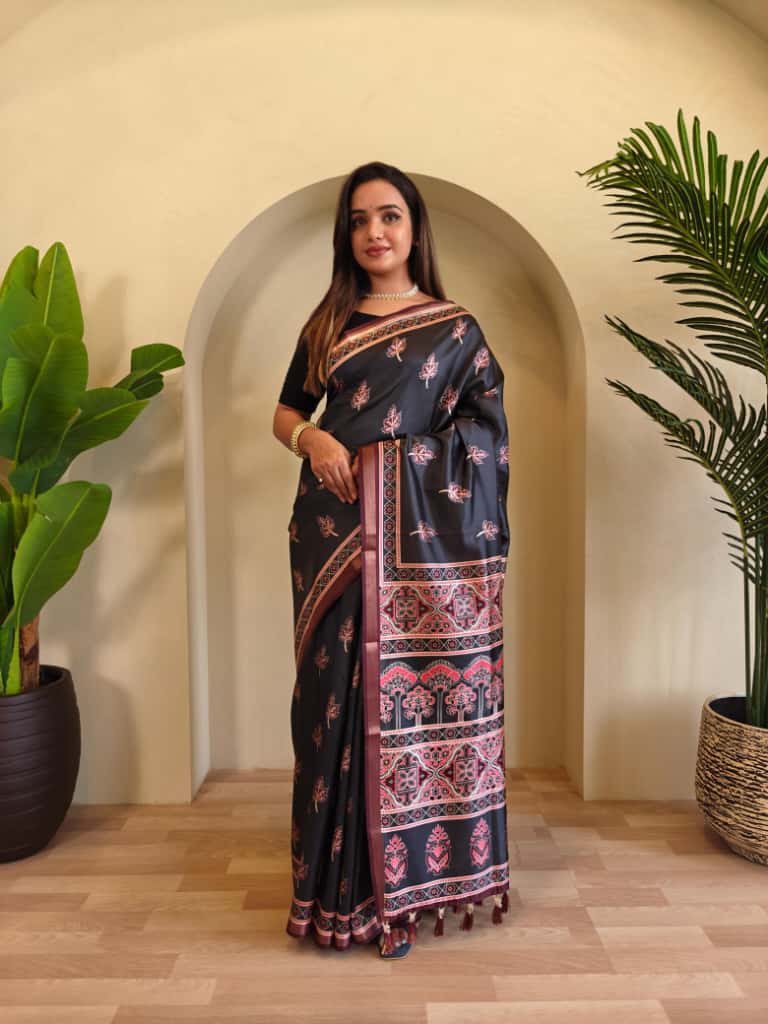 Swaraali Pure Dola Viscose Saree with Digital Print & Zari Patta Border