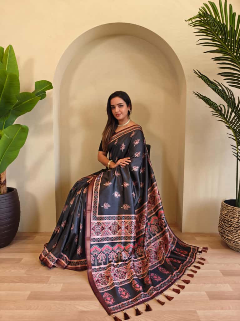 Swaraali Pure Dola Viscose Saree with Digital Print & Zari Patta Border