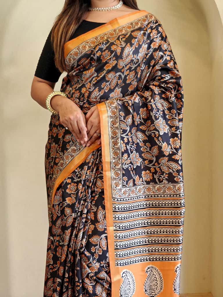 Swaraali Pure Dola Viscose Saree with Digital Print & Zari Patta Border
