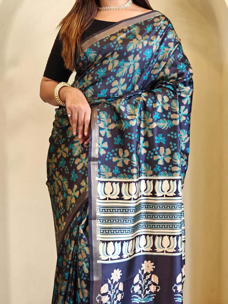Swaraali Pure Dola Viscose Saree with Digital Print & Zari Patta Border