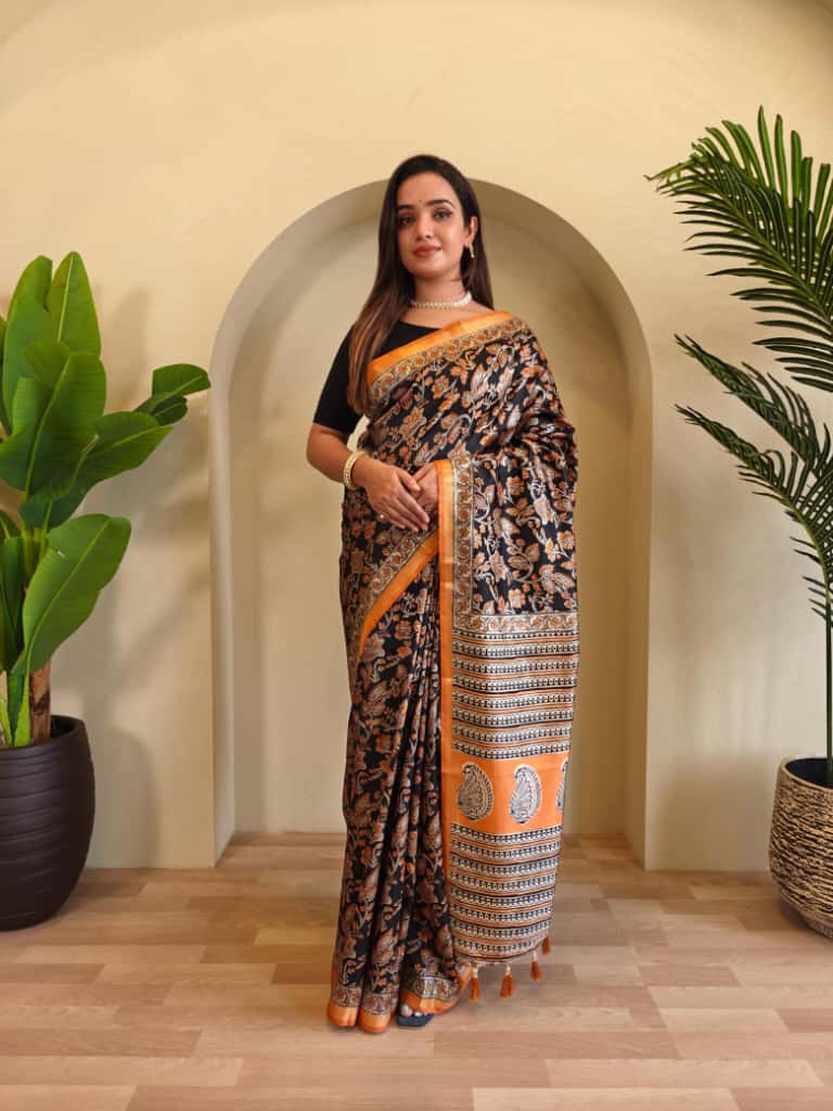 Swaraali Pure Dola Viscose Saree with Digital Print & Zari Patta Border