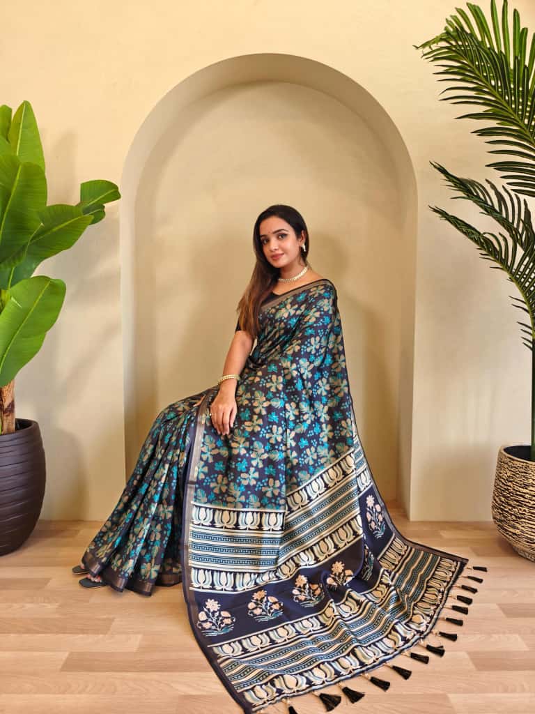 Swaraali Pure Dola Viscose Saree with Digital Print & Zari Patta Border