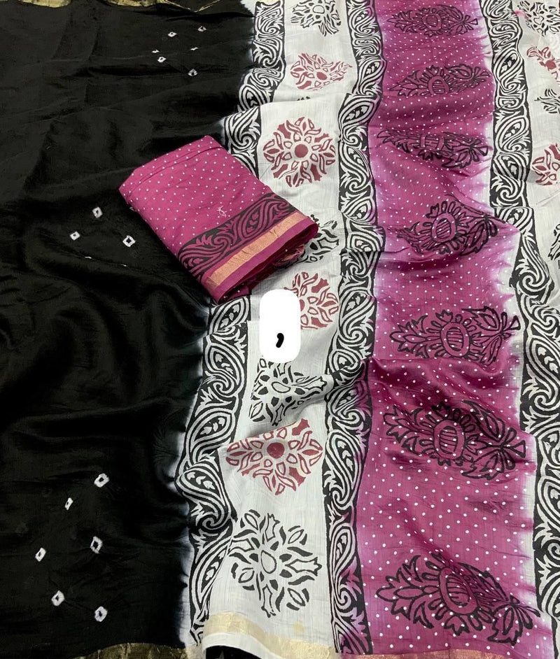 Handcrafted Bandhani Saree with Artistic Block Prints