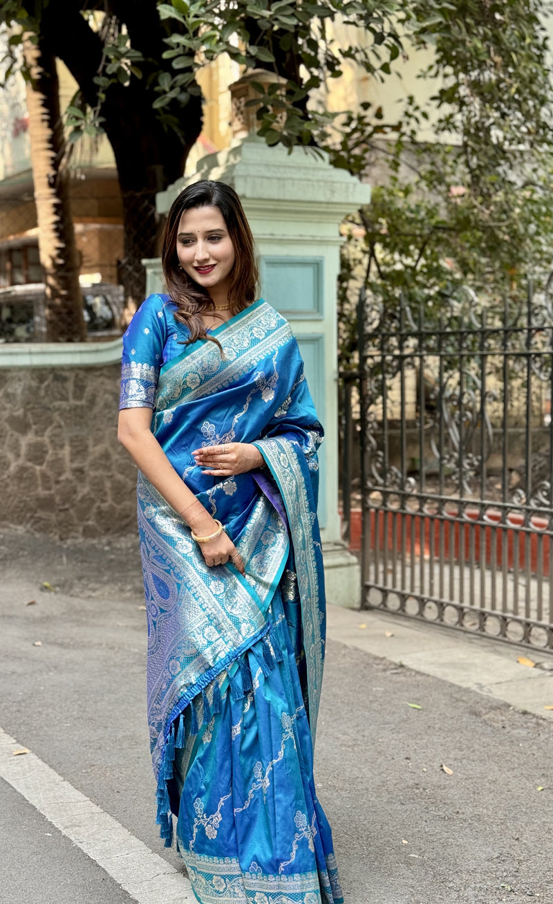 Banarasi Soft Silk Saree with Intricate Silver Zari Jaal & Regal Pallu