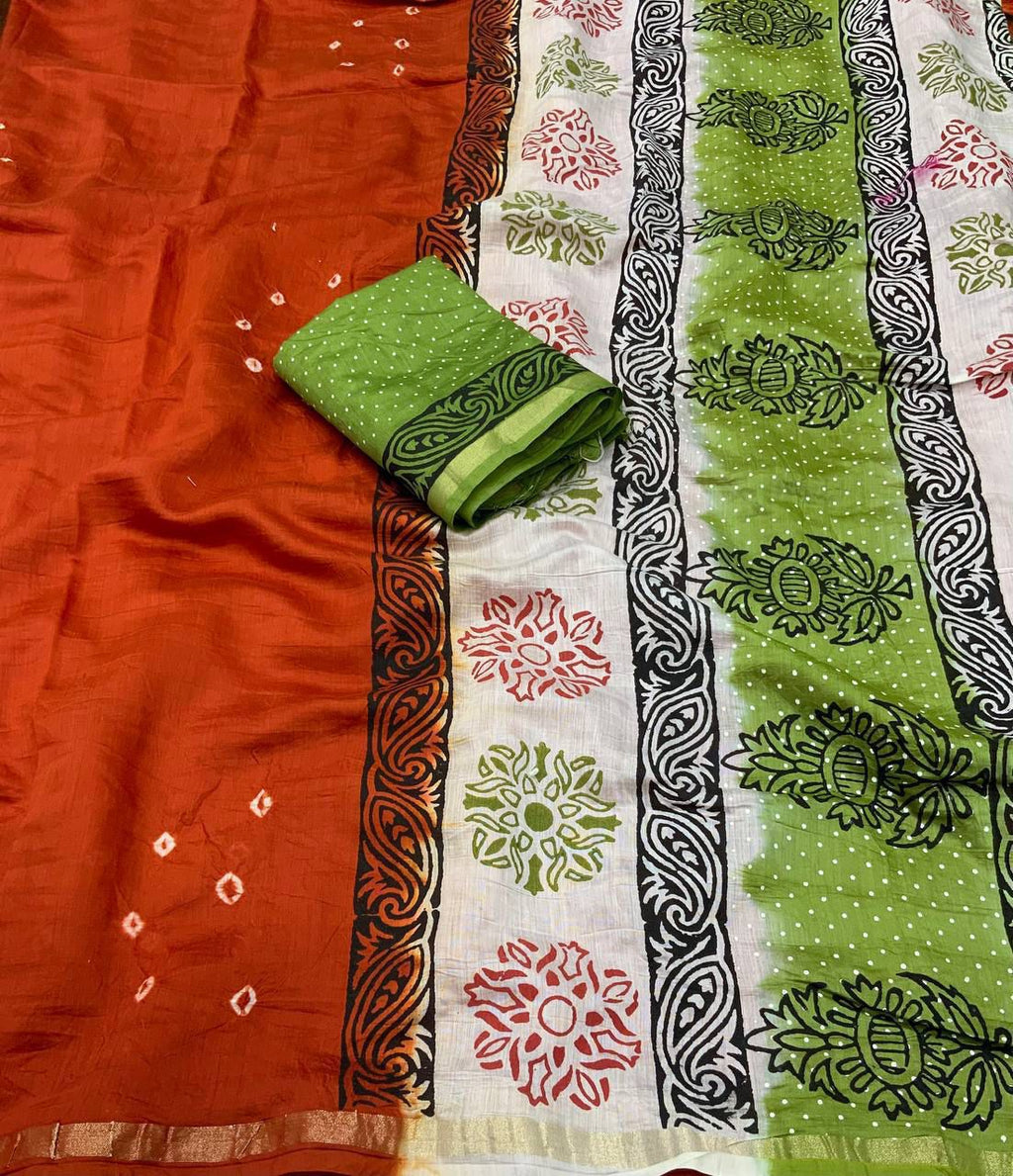 Handcrafted Bandhani Saree with Artistic Block Prints
