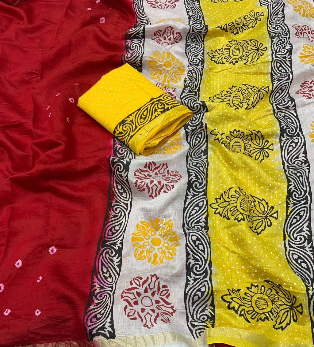 Handcrafted Bandhani Saree with Artistic Block Prints