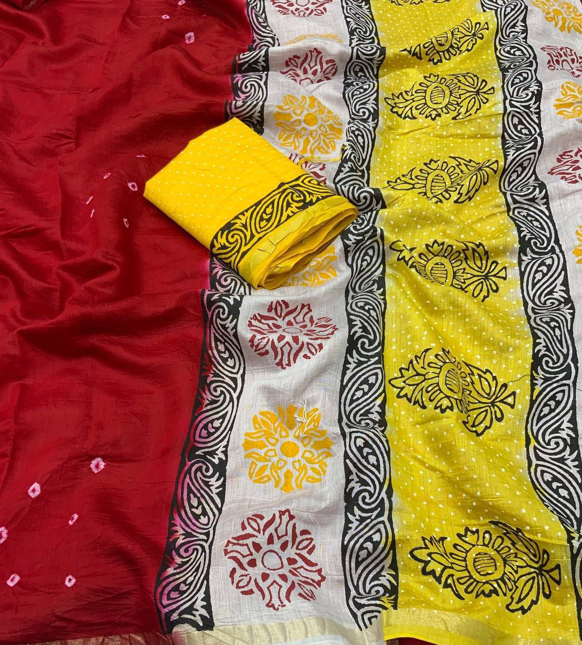 Handcrafted Bandhani Saree with Artistic Block Prints