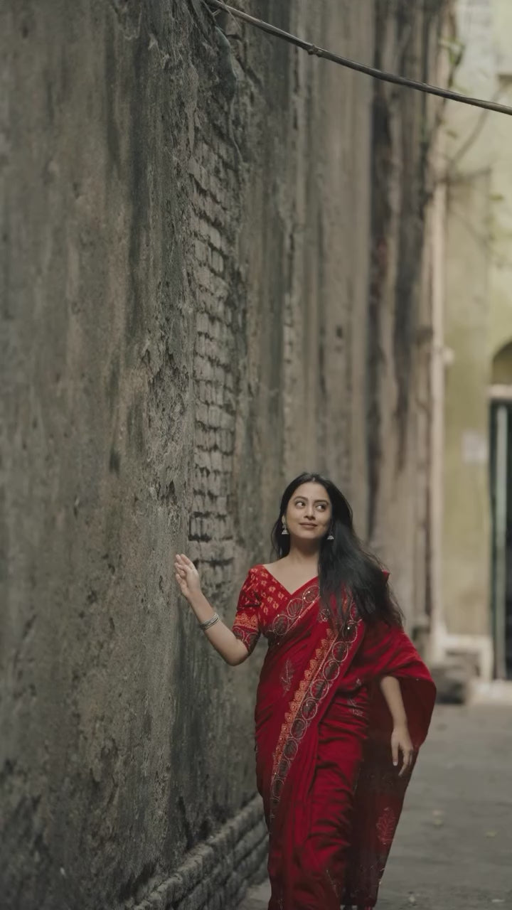Ajrakh Hand Kaatha Work Saree | Pure Chanderi Hand Block Print Saree with Kaatha Embroidery & Tassels | Artisan Handcrafted Collection