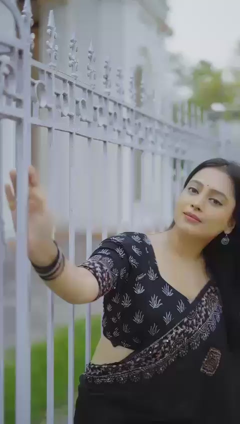 Black Ajrakh Kaatha Work Saree | Pure Chanderi Hand Block Print Saree with Kaatha Embroidery & Tassel Pallu | Premium Handcrafted Saree