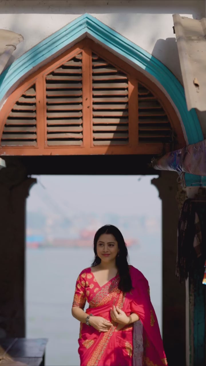 AK 390 Rani Ajrakh Kaatha Work Saree | Pure Chanderi Hand Block Print Saree with Kaatha Embroidery & Tassel Pallu | Handcrafted Premium Saree