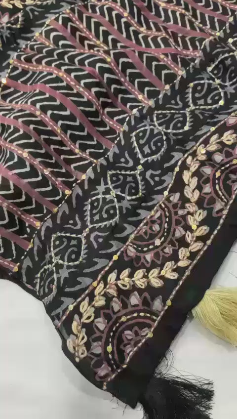 Black Ajrakh Kaatha Work Saree | Pure Chanderi Hand Block Print Saree with Kaatha Embroidery & Tassel Pallu | Premium Handcrafted Saree