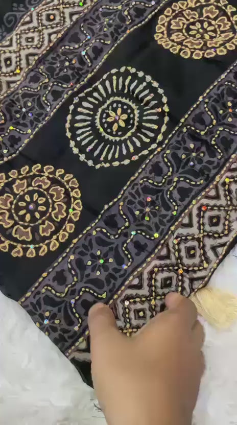 Black Ajrakh Kaatha Work Saree | Pure Chanderi Hand Block Print Saree with Kaatha Embroidery & Tassel Pallu | Premium Handcrafted Saree (5.5m + 1m Blouse)