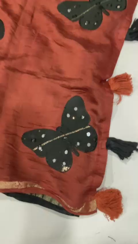 Magic Butterfly Pure Chanderi Cotton Saree | Shibori Tie-Dye Design with Aari Mirror Butterfly Patch Work | Premium Contrast Blouse