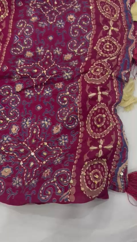 Jamali Ajrakh Kaatha Work Saree | Pure Chanderi Hand Block Print Saree with Kaatha Embroidery & Tassel Pallu | Premium Handcrafted Saree