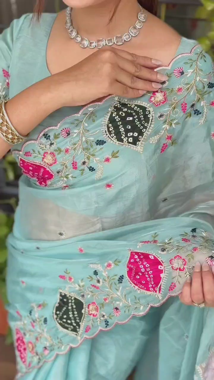 Mayra Sky Blue Crystal Tissue Saree with Zari Embroidery & Hand Applique Bandhej Border | Designer Pastel Saree with Blouse